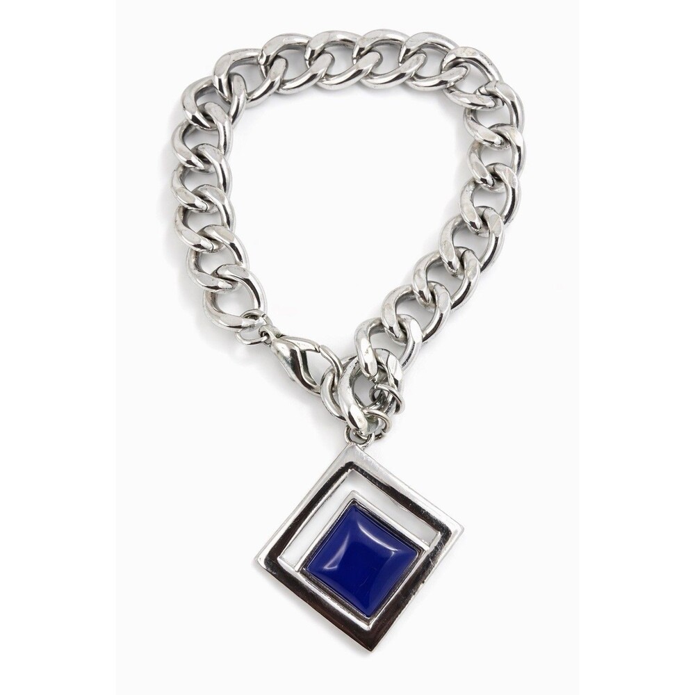 Vintage 90s Silver Tone Chunky Chain Bracelet Lapis Blue Geometric Charm Y2K